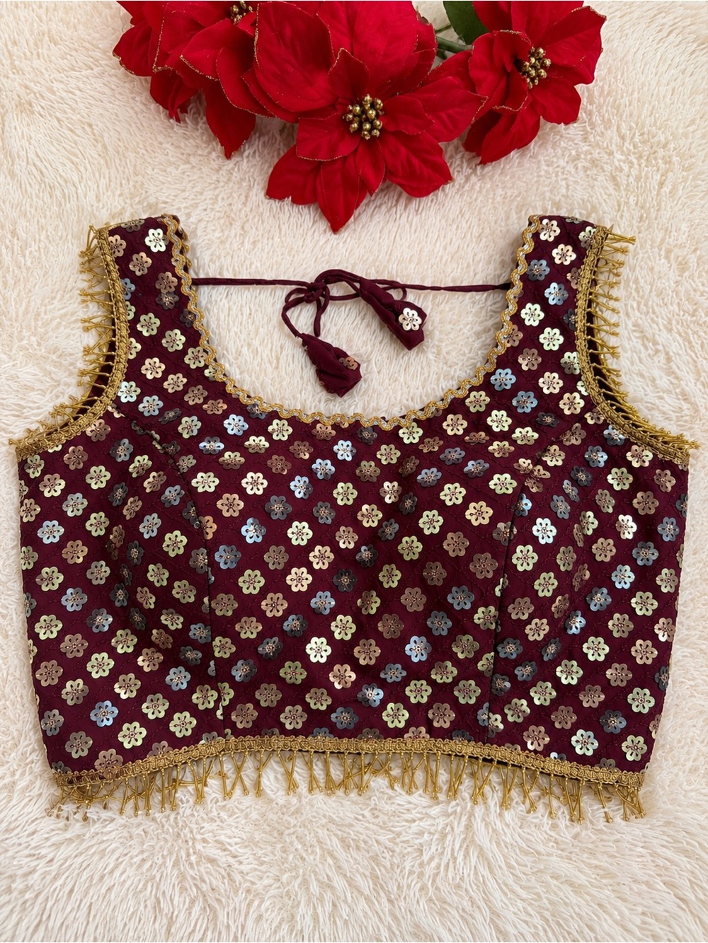 Women’s Embroidered Maroon Crop Blouse for saree,Bust - M (38”)